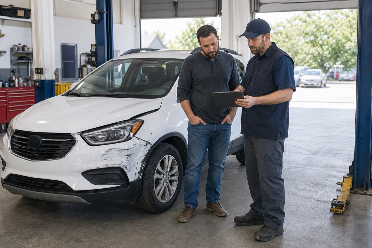 A fleet owner and repair estimator reviewing evidence beside a damaged rental vehicle