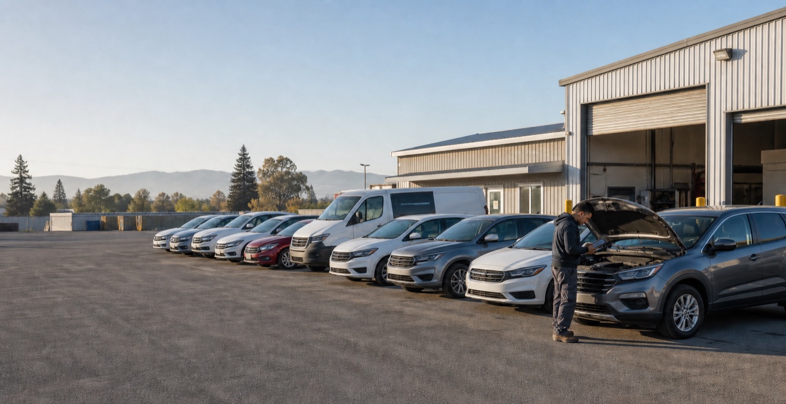 A small rental fleet parked outside a service bay while an operator inspects a vehicle